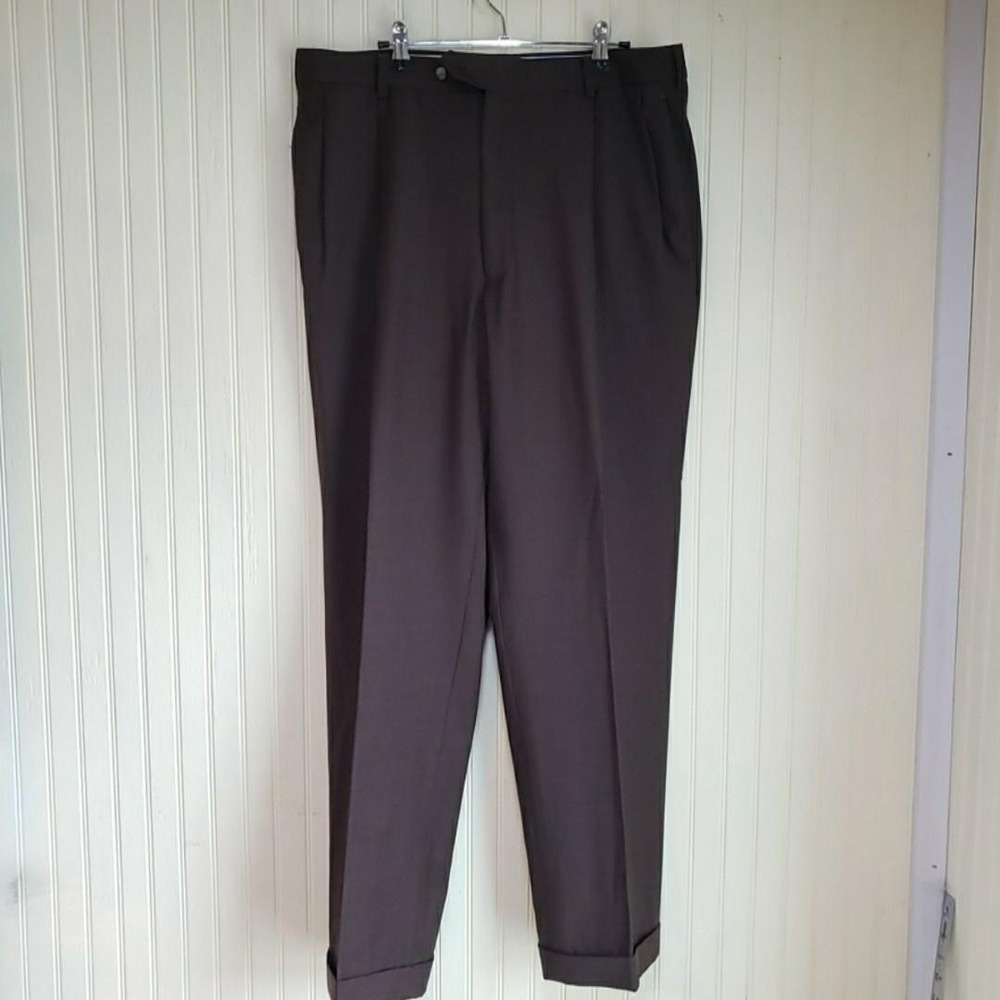 Grant Thomas Dress Pants Mens 36x34 Brown Pleated Cuffed Classic Fit Wool Slacks